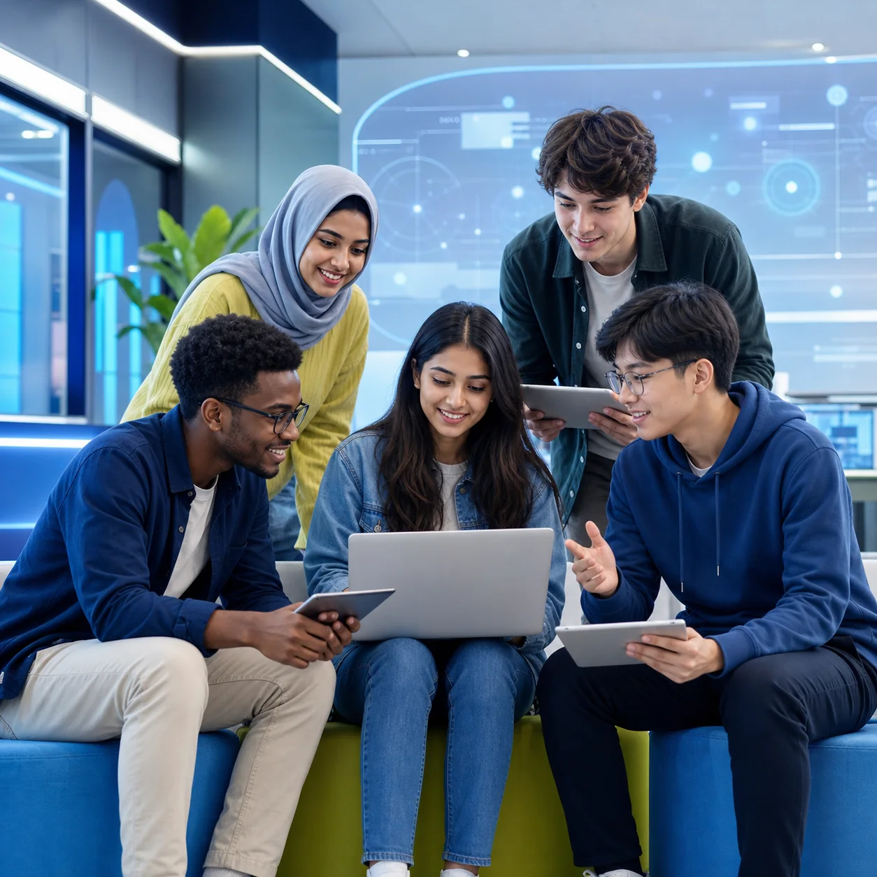 A diverse group of Classes 11–12 and college learners exploring practical AI together