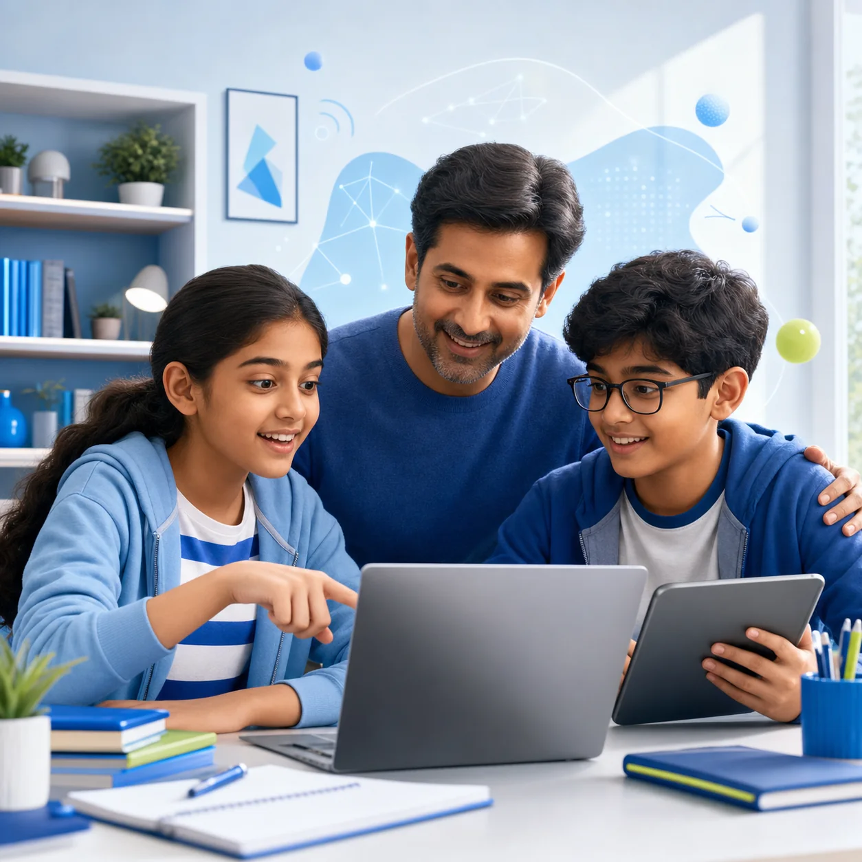 A parent and two school students learning about AI together